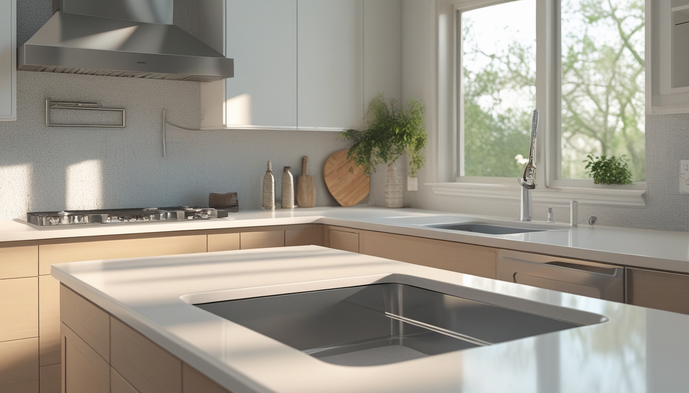 Sparkling clean modern kitchen with spotless quartz counters and gleaming sink after a deep-clean reset