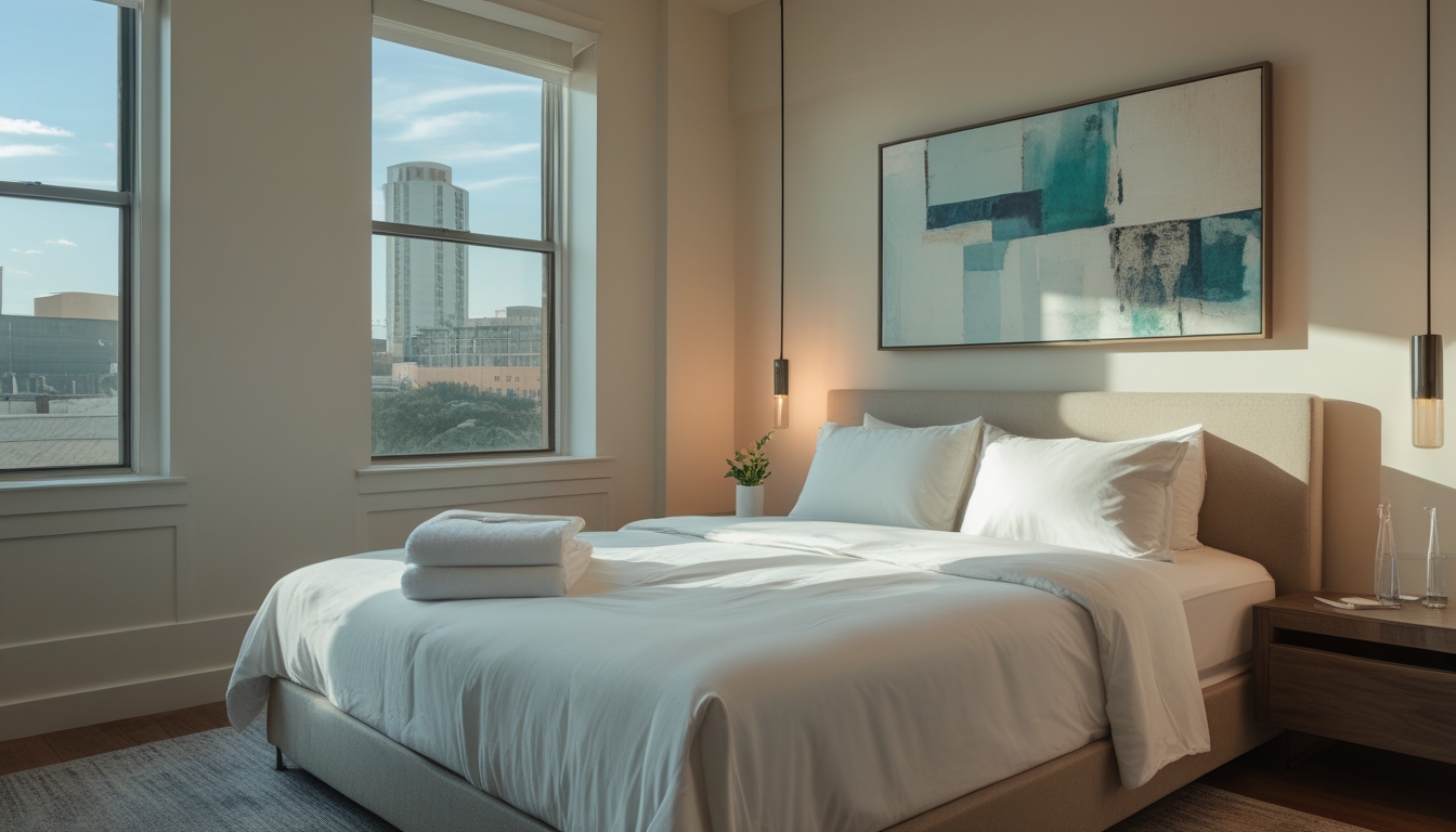 Bedroom with hotel-crisp fresh white linens after a turnover