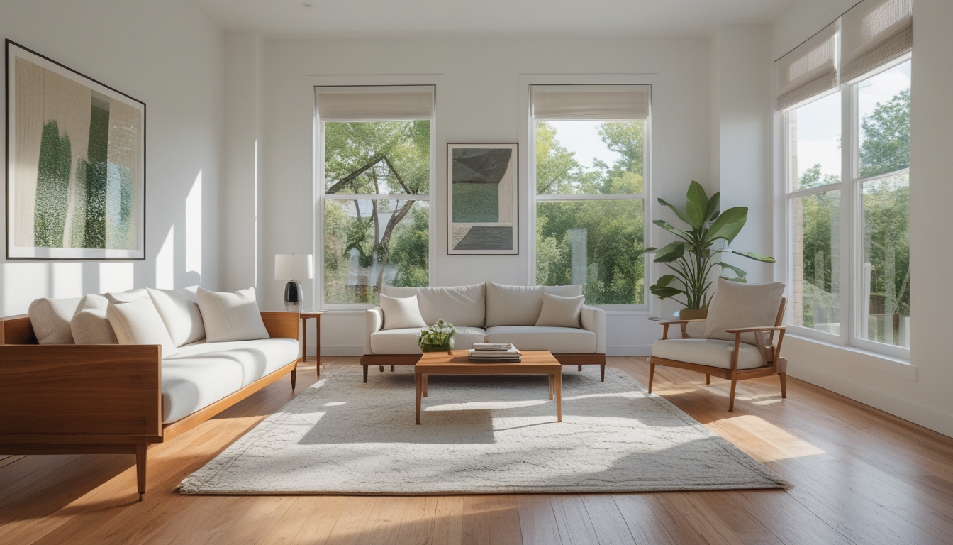 Spotless, guest-ready Austin short-term rental living room with bright natural light after a turnover clean