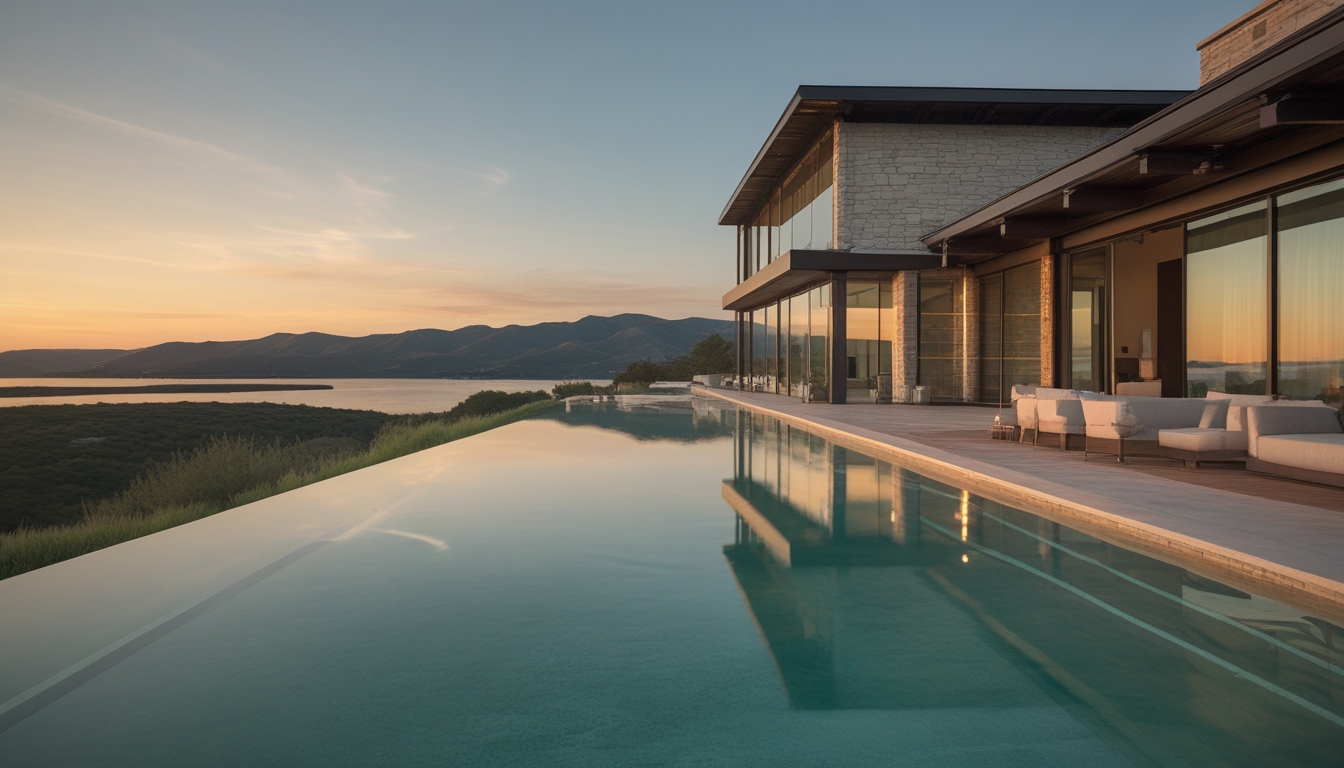 Hill Country luxury vacation rental home at golden hour overlooking the water